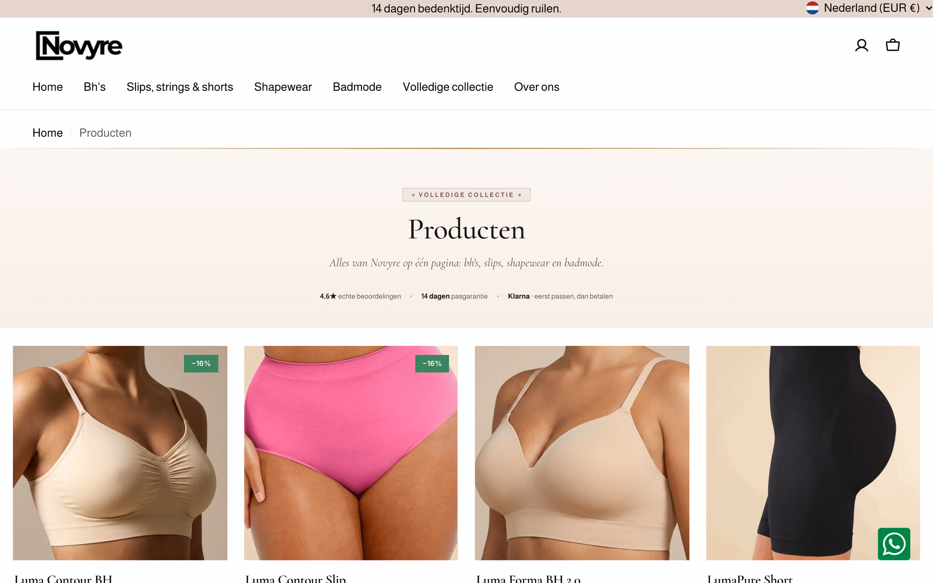 Collectiepagina van novyre.nl met een raster van producten, prijzen en kleurvarianten.