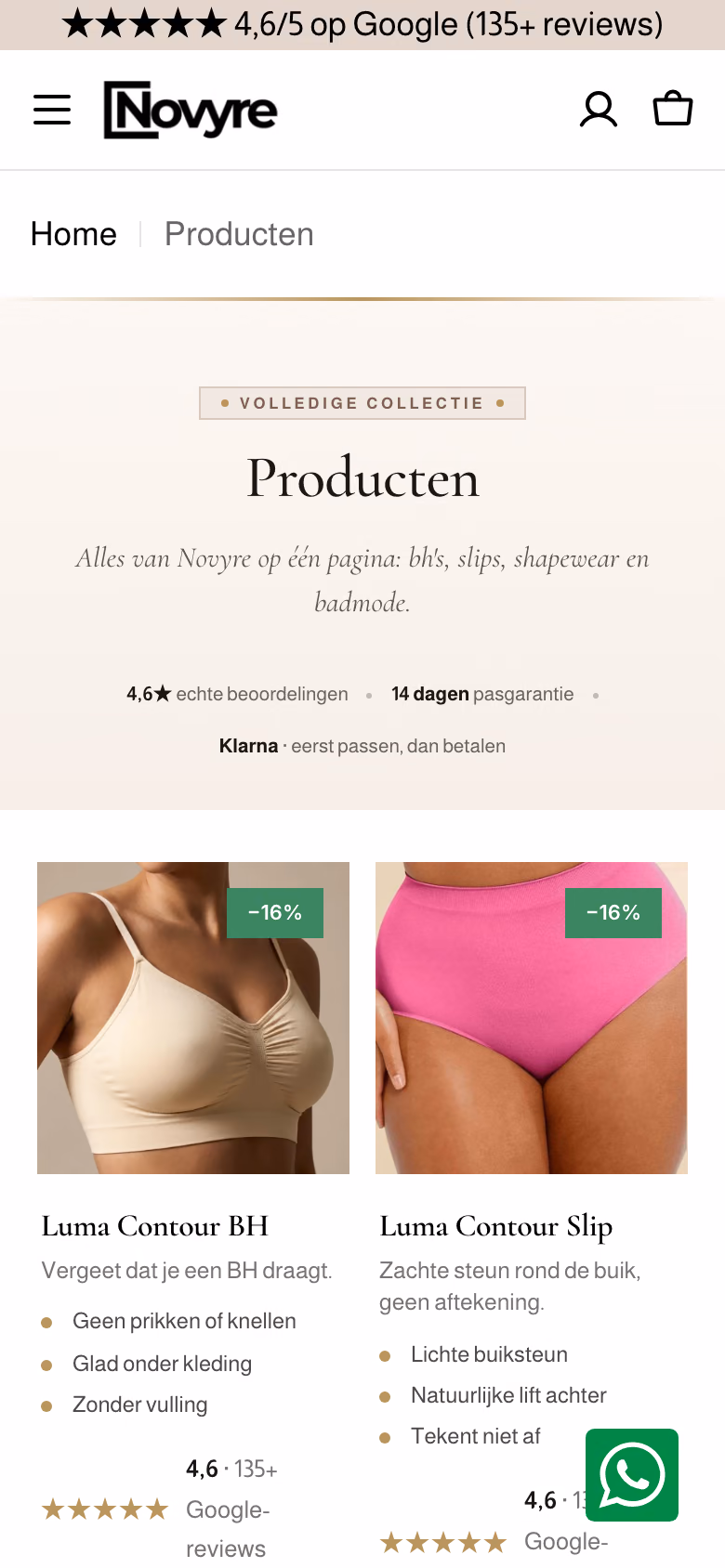 Collectiepagina van novyre.nl met een raster van producten, prijzen en kleurvarianten.