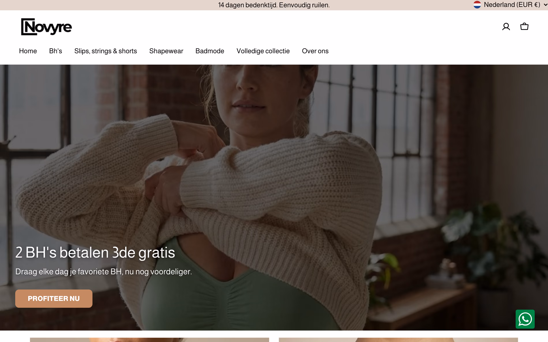 Startpagina van novyre.nl met een campagnebeeld, de kop '2 BH's betalen 3de gratis' en één knop.