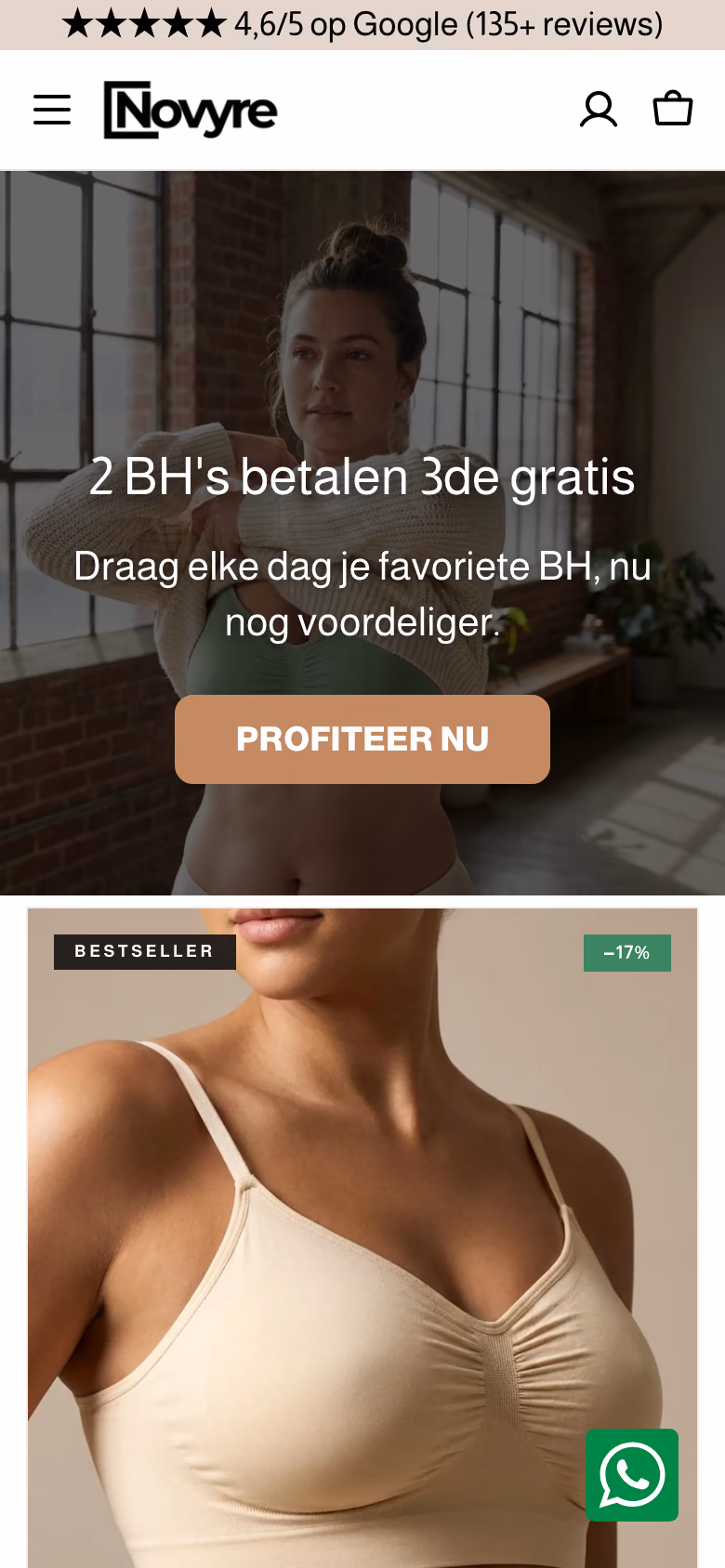Startpagina van novyre.nl met een campagnebeeld, de kop '2 BH's betalen 3de gratis' en één knop.