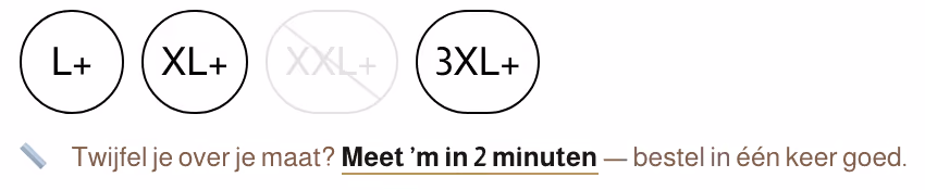 Uitsnede van novyre.nl, 17 september 2026: de maatknoppen L+, XL+, een doorgestreepte XXL+ en 3XL+, met eronder de regel 'Twijfel je over je maat? Meet 'm in 2 minuten', gevolgd door 'bestel in één keer goed.'