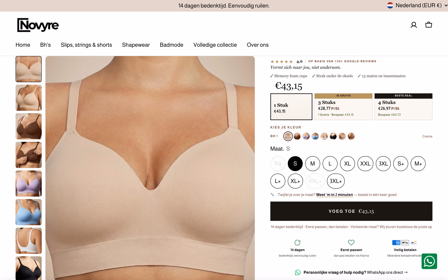 Productpagina van novyre.nl met de Google-winkelscore van Novyre, staffelprijzen, kleur- en maatkeuze en de knop 'Voeg toe' met het bedrag erin.