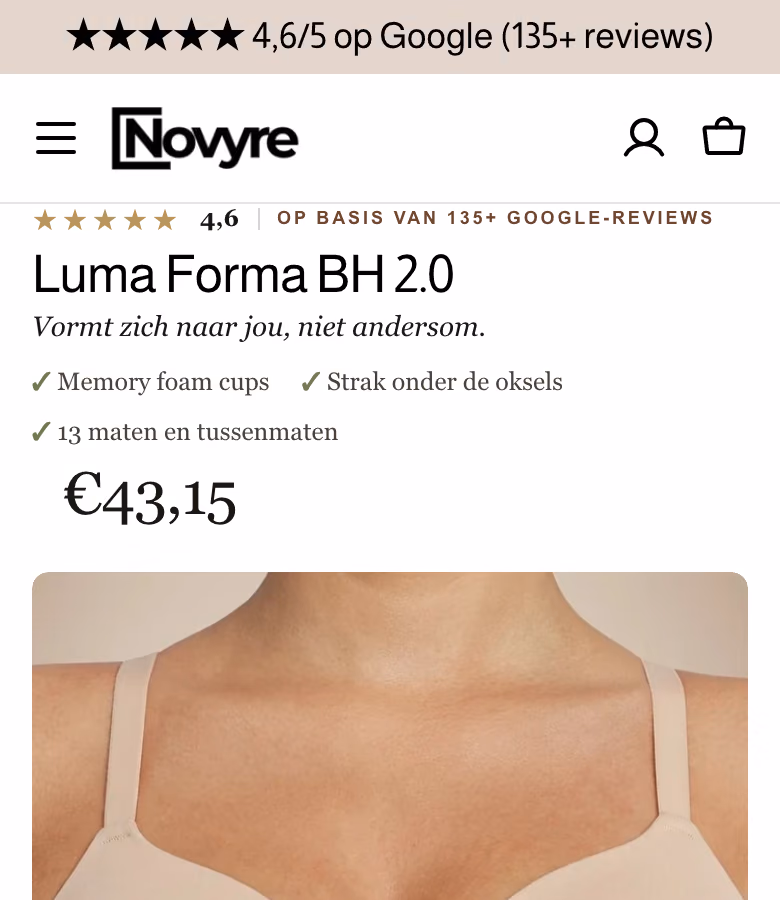 Productpagina van novyre.nl op een telefoon: de Google-winkelscore van Novyre, de naam Luma Forma BH 2.0, drie eigenschappen en de prijs van 43,15 euro.