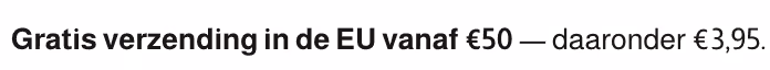 Uitsnede van novyre.nl, 17 september 2026: de regel 'Gratis verzending in de EU vanaf €50', gevolgd door 'daaronder €3,95.', uit het uitklapblok Verzending en Retour op een productpagina.