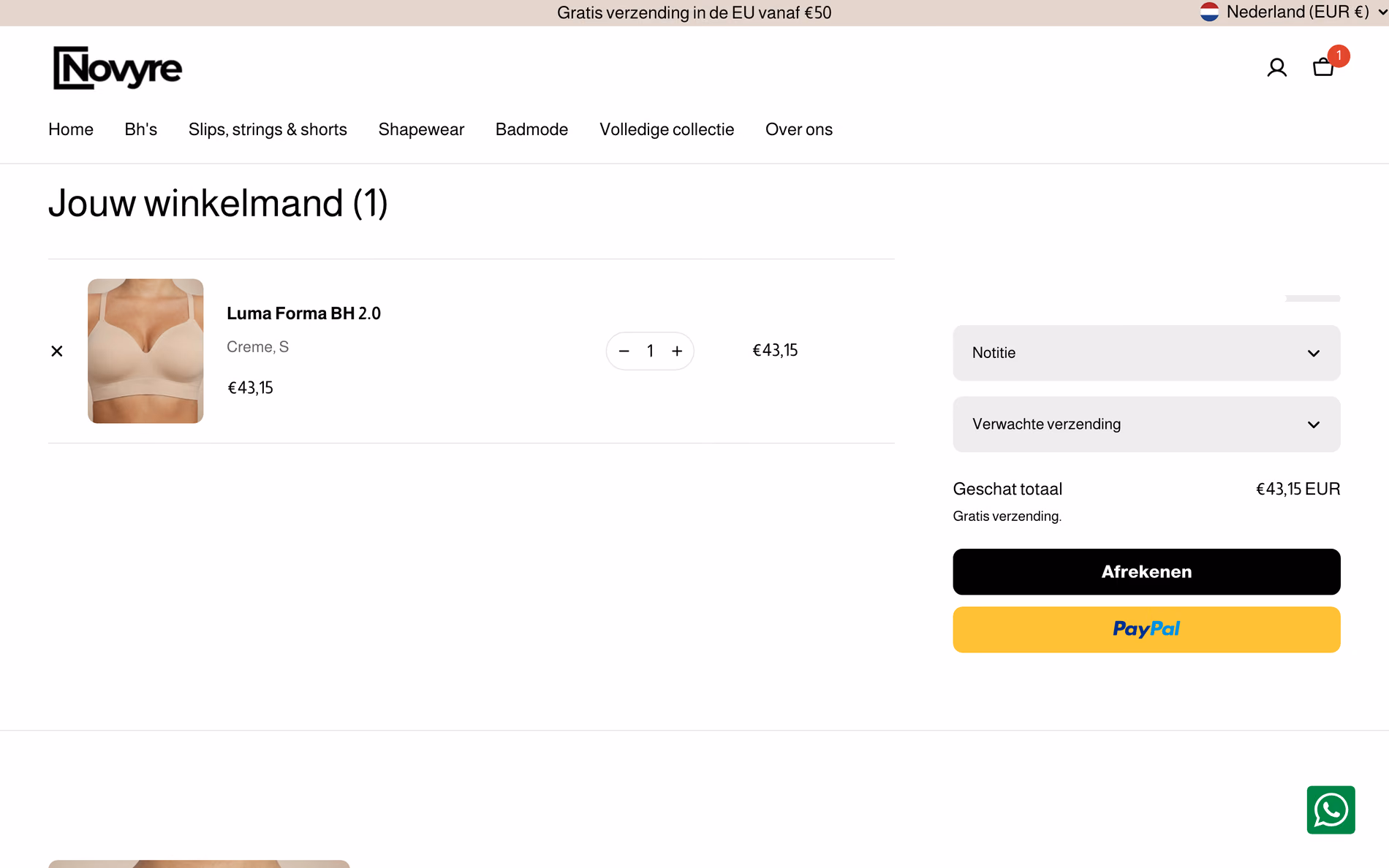 Winkelwagen van novyre.nl met één Luma Forma BH in creme, maat S, het geschatte totaal van 43,15 euro met daaronder de regel 'Gratis verzending.', en de knoppen Afrekenen en PayPal.