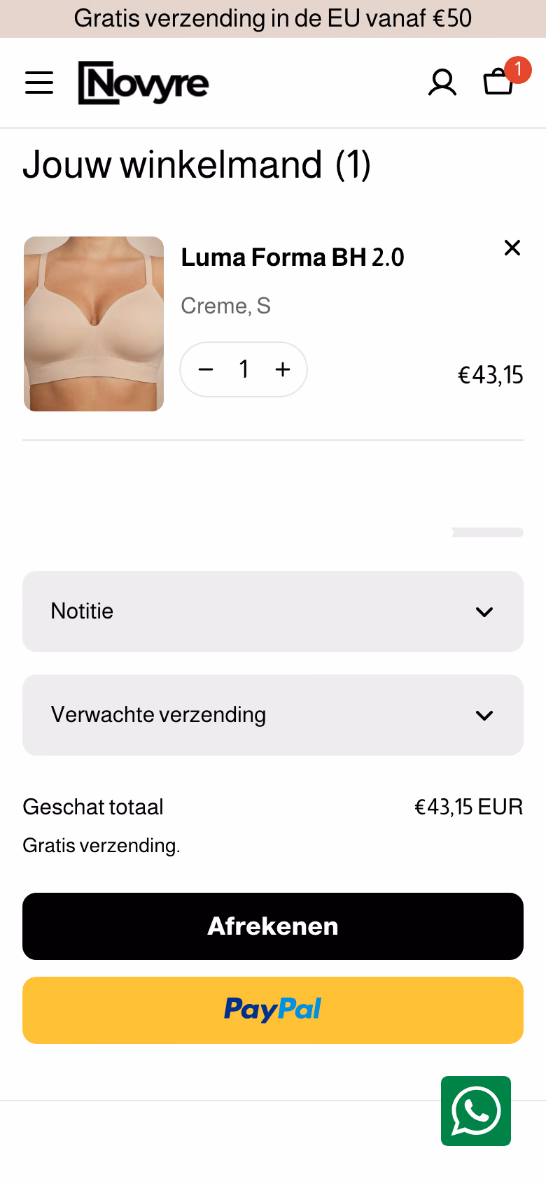Winkelwagen van novyre.nl met één Luma Forma BH in creme, maat S, het geschatte totaal van 43,15 euro met daaronder de regel 'Gratis verzending.', en de knoppen Afrekenen en PayPal.