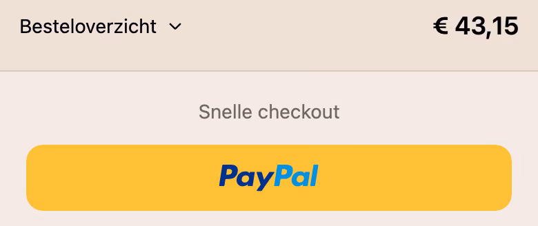 Eerste afrekenscherm van novyre.nl op een telefoon: het besteloverzicht met 43,15 euro bovenaan en PayPal als snelle checkout.