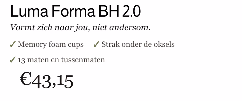 Productpagina van novyre.nl op een telefoon: de naam Luma Forma BH 2.0, drie eigenschappen en de prijs van 43,15 euro.