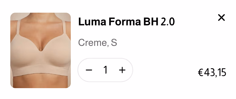 Winkelwagen van novyre.nl op een telefoon: de Luma Forma BH 2.0 in creme, maat S, aantal 1, 43,15 euro.